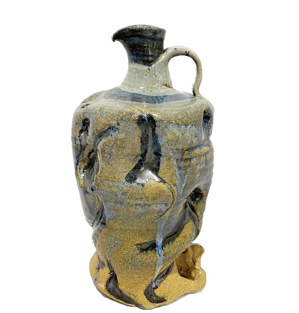 Vintage Studio pottery pitcher jug vase cobalt blue gray tan stoneware signed